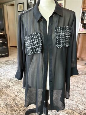 Sheer Black Button-Up Blouse with Tweed Patch Pockets